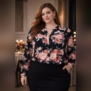 Torrid Size 5X Studio Crepe De Chine Button Front Blouse Pink Peach Floral Black